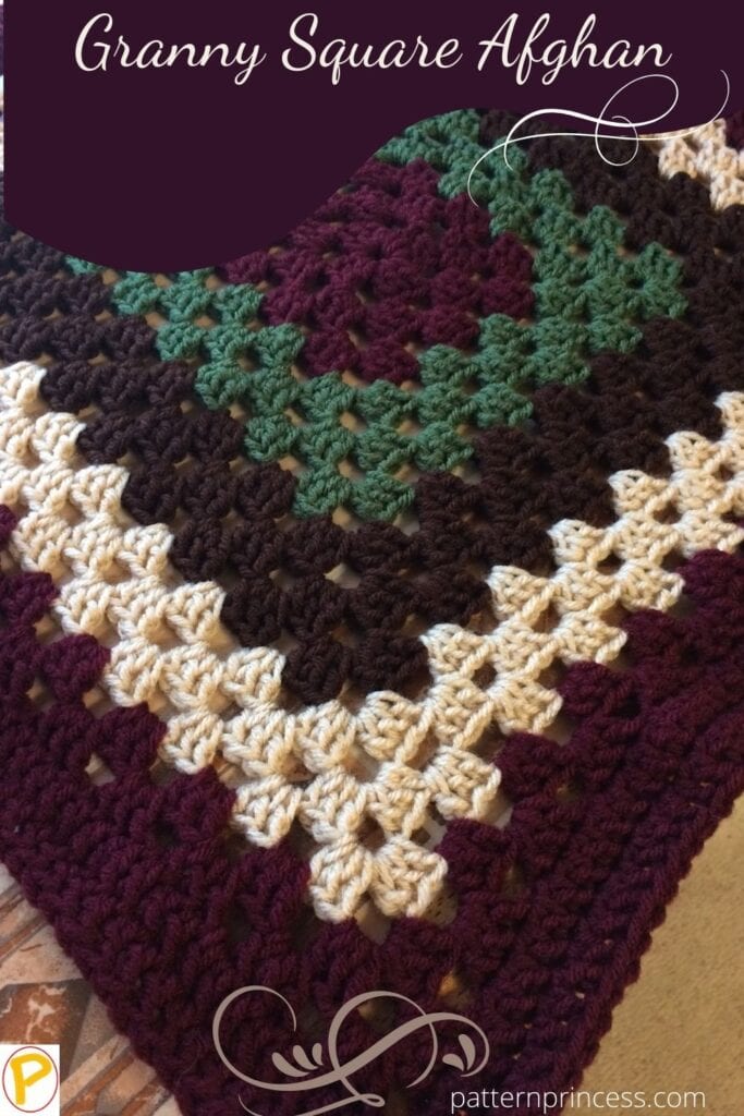 Granny Square Afghan Corner with burgundy white and green colors