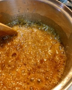 Caramel mixture at rolling boil
