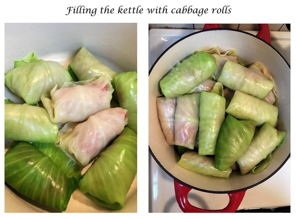 Filling the kettle with cabbage rolls