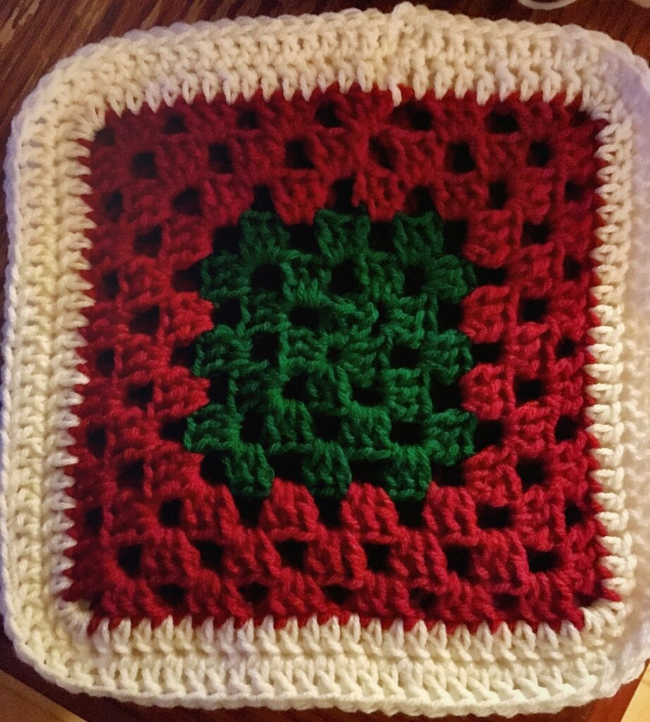 Green, Red, and White Crochet Granny Square