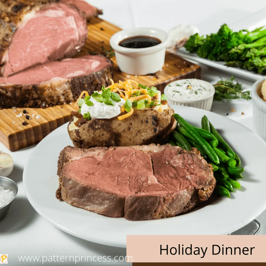 Prime Rib Christmas Meal with Baked Potato and Green Beans