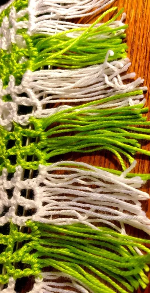 Close up of fringe added to shawl.