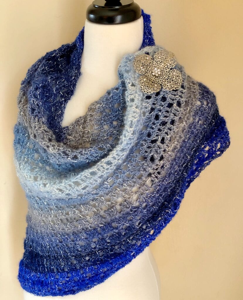 Gem of the Sea Asymmetrical Crochet Shawl Styled with a Brooch