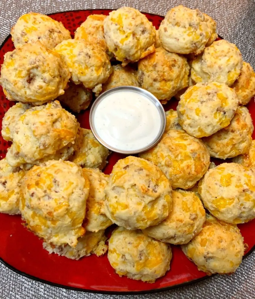 Maple Sausage Cheddar Biscuits Served with Dip