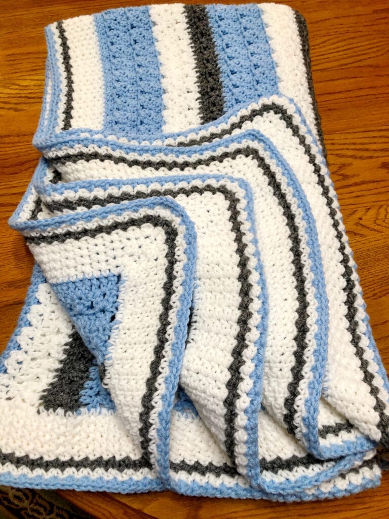 Crochet Border of Classic Blue and Grey Blanket