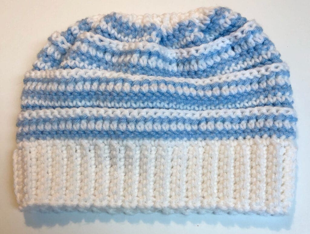 Completed Crochet Messy Bun Beanie