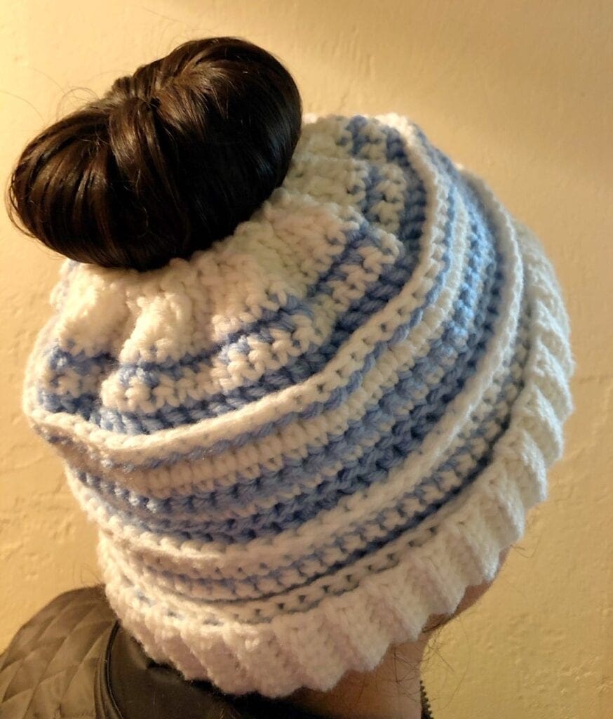 Crochet Hat with Hair Styled in Neat Bun