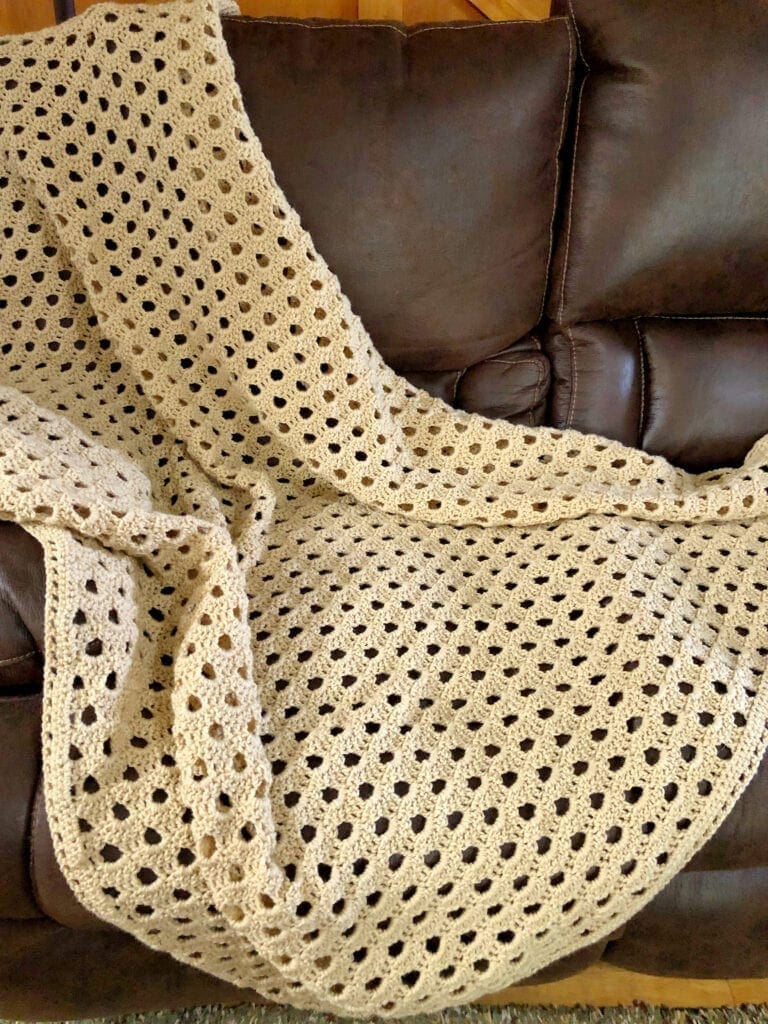 Crochet Lacy Blanket on Leather Sofa