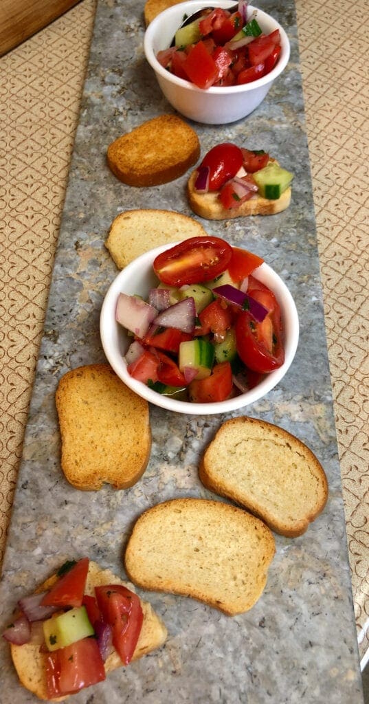 Appetizer of Tomato and Cucumber Crostini Display