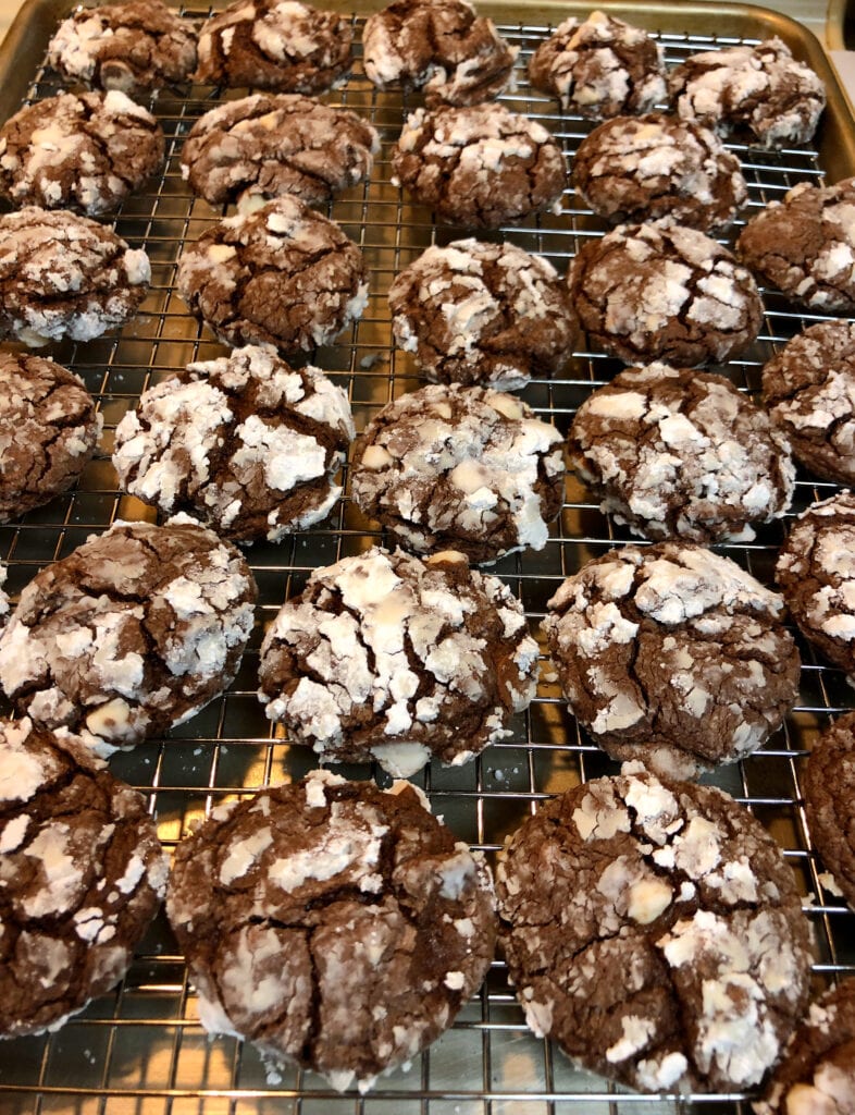 Cooling Chocolate Crinkle Cake Mix Cookies on a Wire Rack