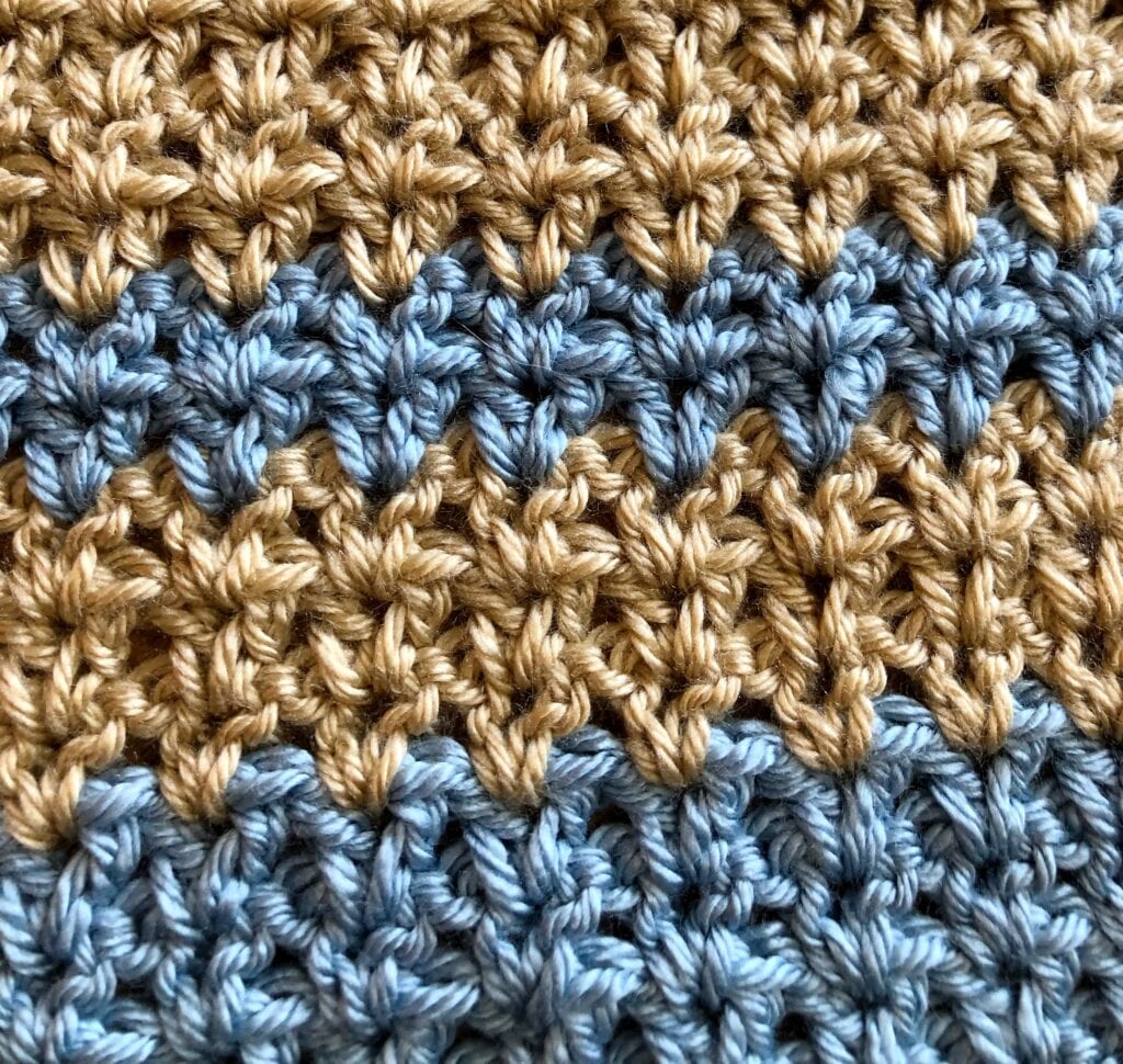 Crochet V-Stitch Sample in Tan and Blue