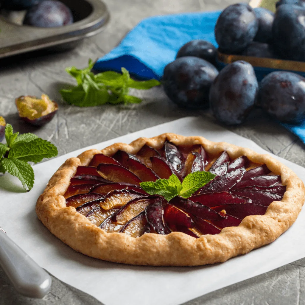Rustic Plum Galette Displayed with Fresh Fruit
