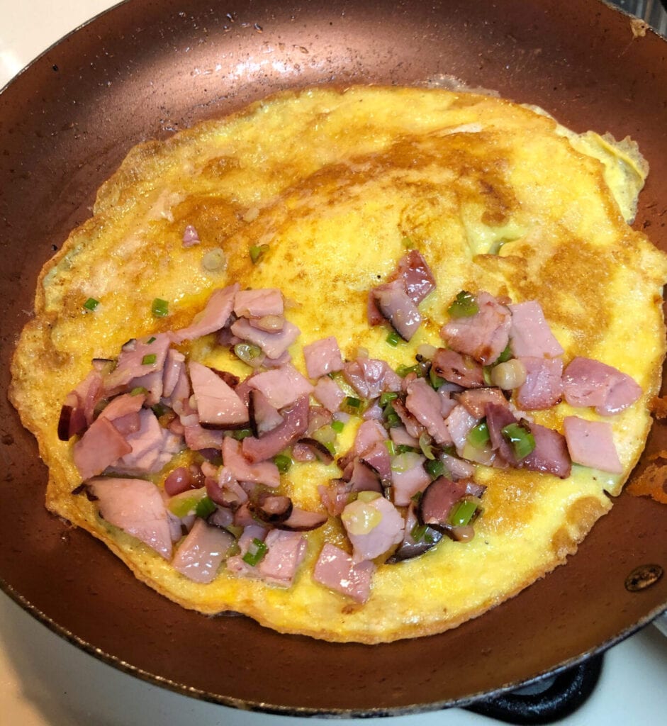 Adding Smoked ham and Green onions to 2 Egg Omelet