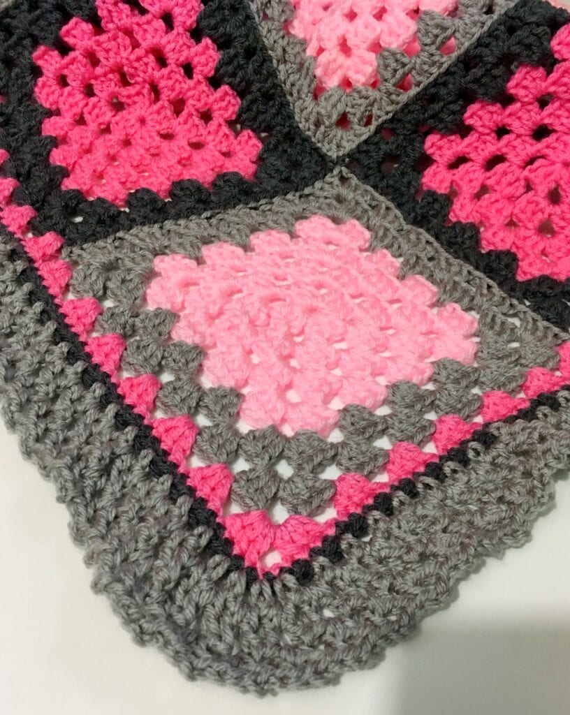Crochet Border Showing Petal Pink and Dusty Grey Square