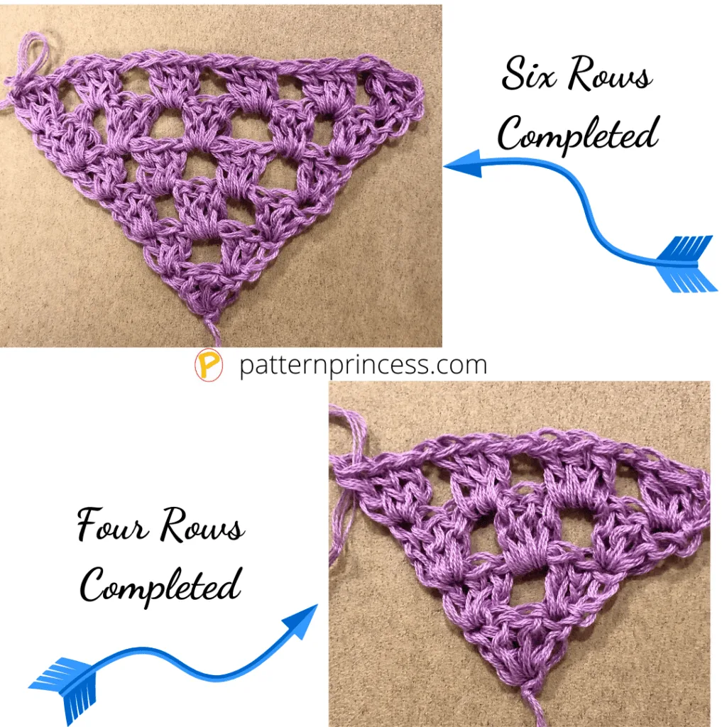 Photos of the First Six Rows of the Crochet Triangle Shawl