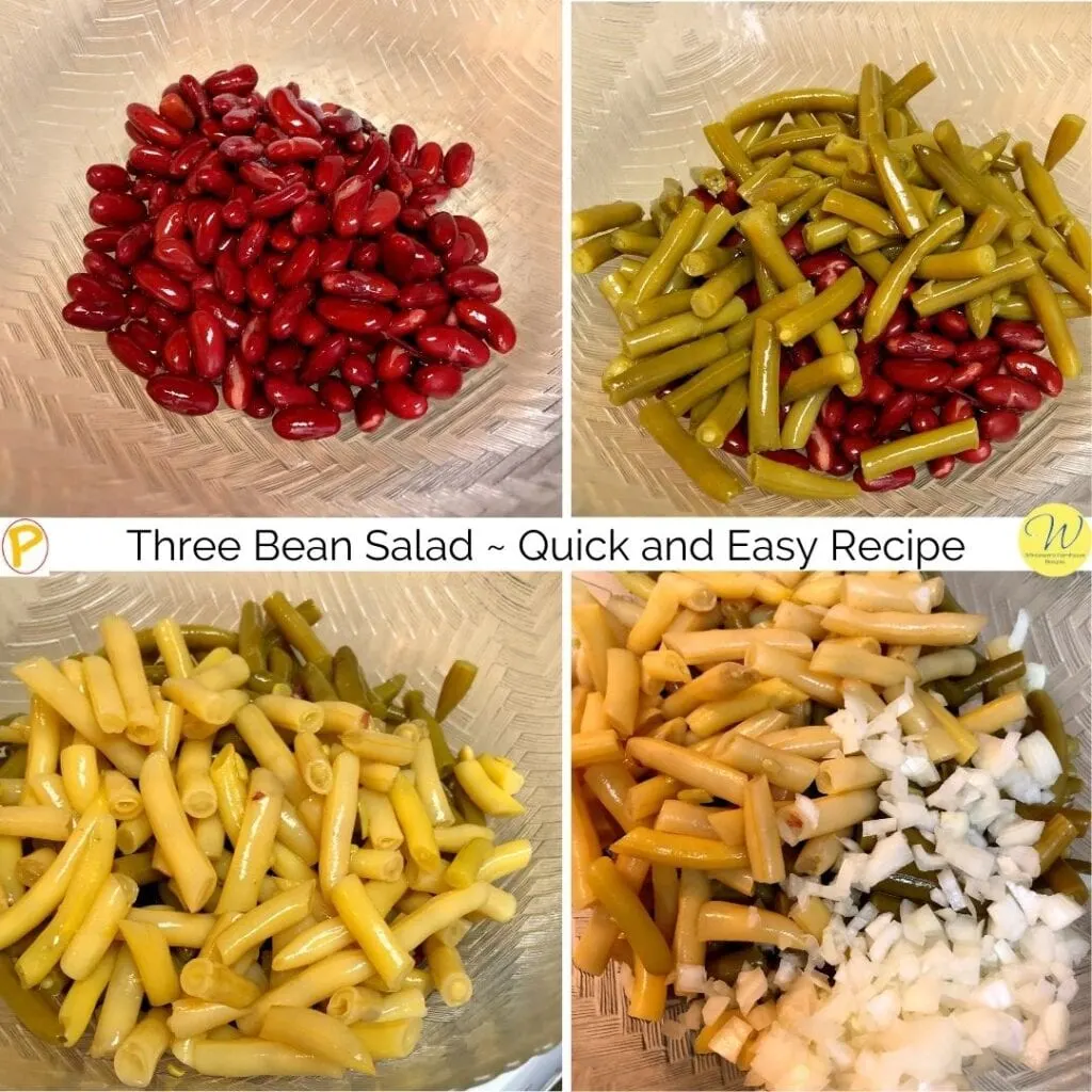 Three Bean Salad four photos showing the kidney, green, yellow beans, and diced onion