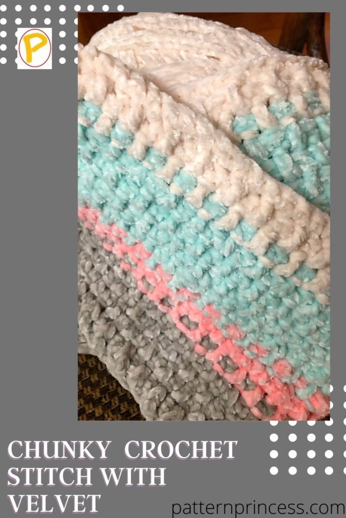 Chunky Velvet Crochet Stitch in pink white blue and grey