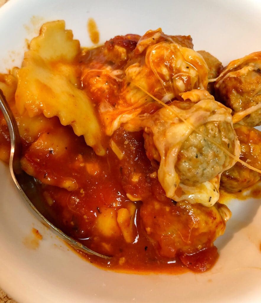 Bowl of Meatball and Ravioli Pasta Bake