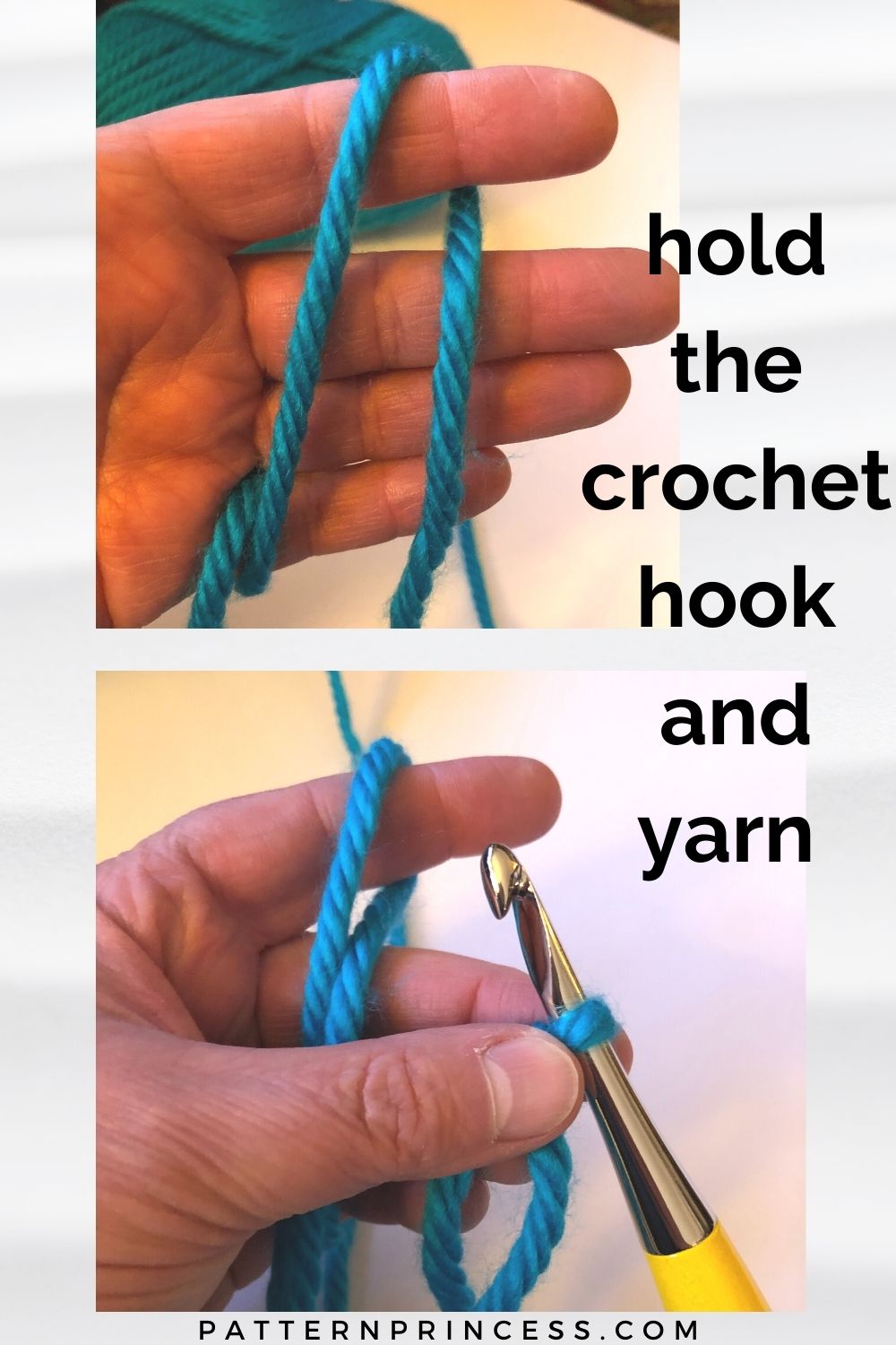 hold the crochet hook and yarn