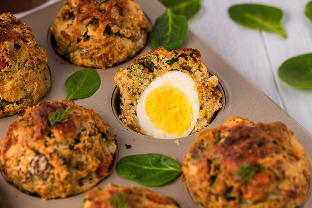 Savoury Breakfast Muffins with Soft Boiled Eggs, Sausage and Cheese