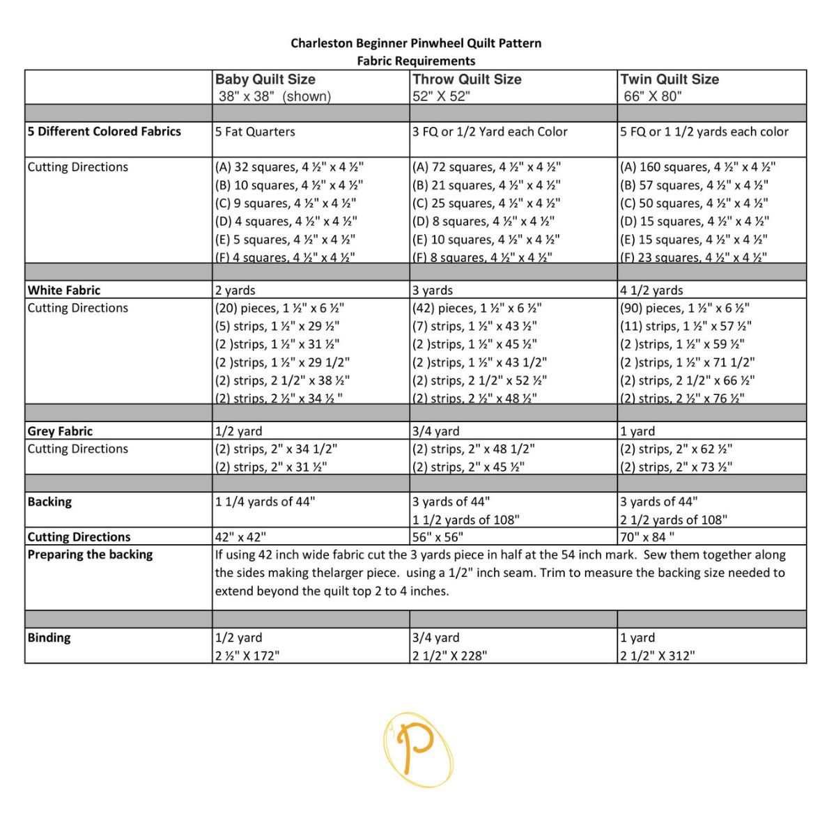 Charleston Beginner Pinwheel Quilt Pattern Fabric Requirements for 3 sizes