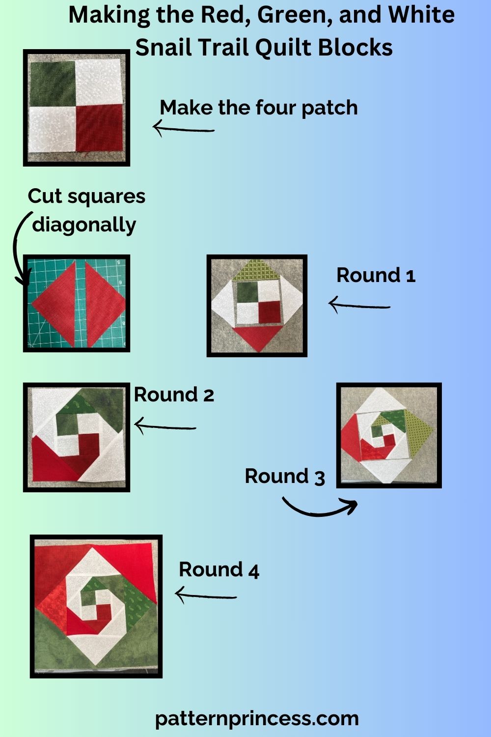 Making the Red, Green, and White Snail Trail Quilt Blocks