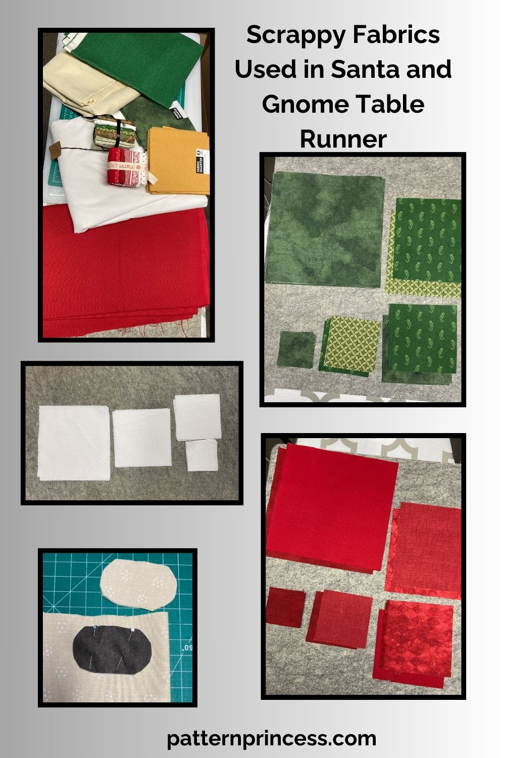 Scrappy Fabrics Used in Santa and Gnome Table Runner