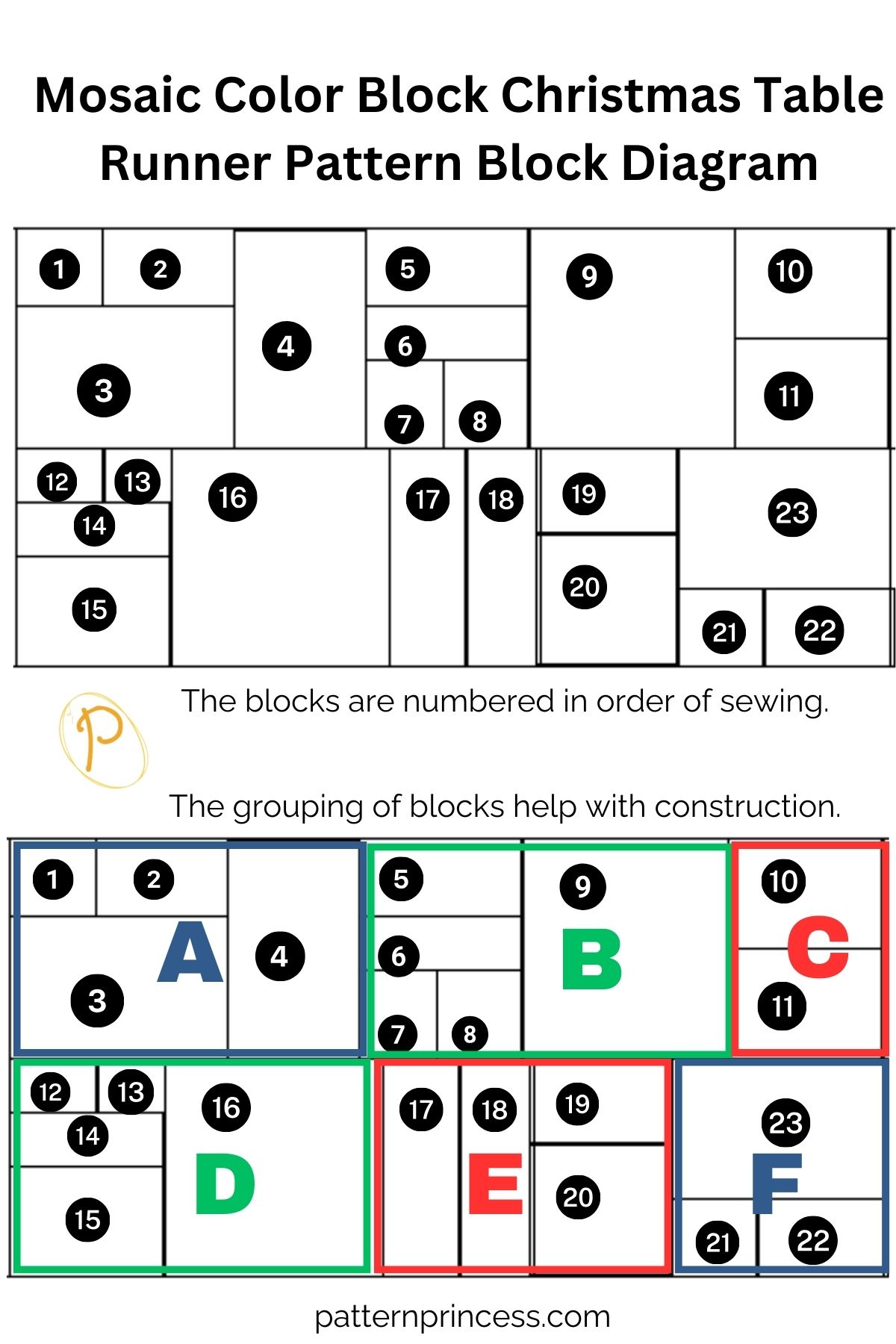 Mosaic Color Block Christmas Table Runner Pattern Block Diagram