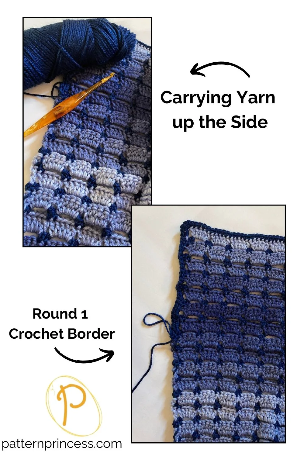 Carrying Yarn up the Side and Round 1 Crochet Border