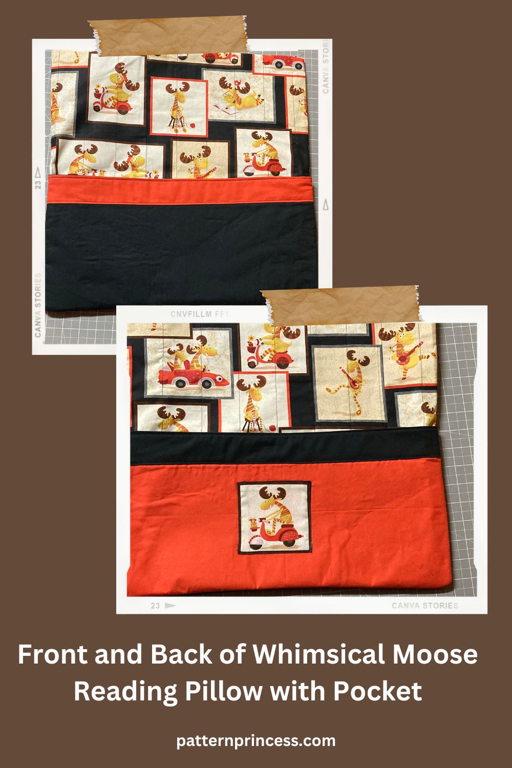 Front and Back of Whimsical Moose Reading Pillow with Pocket