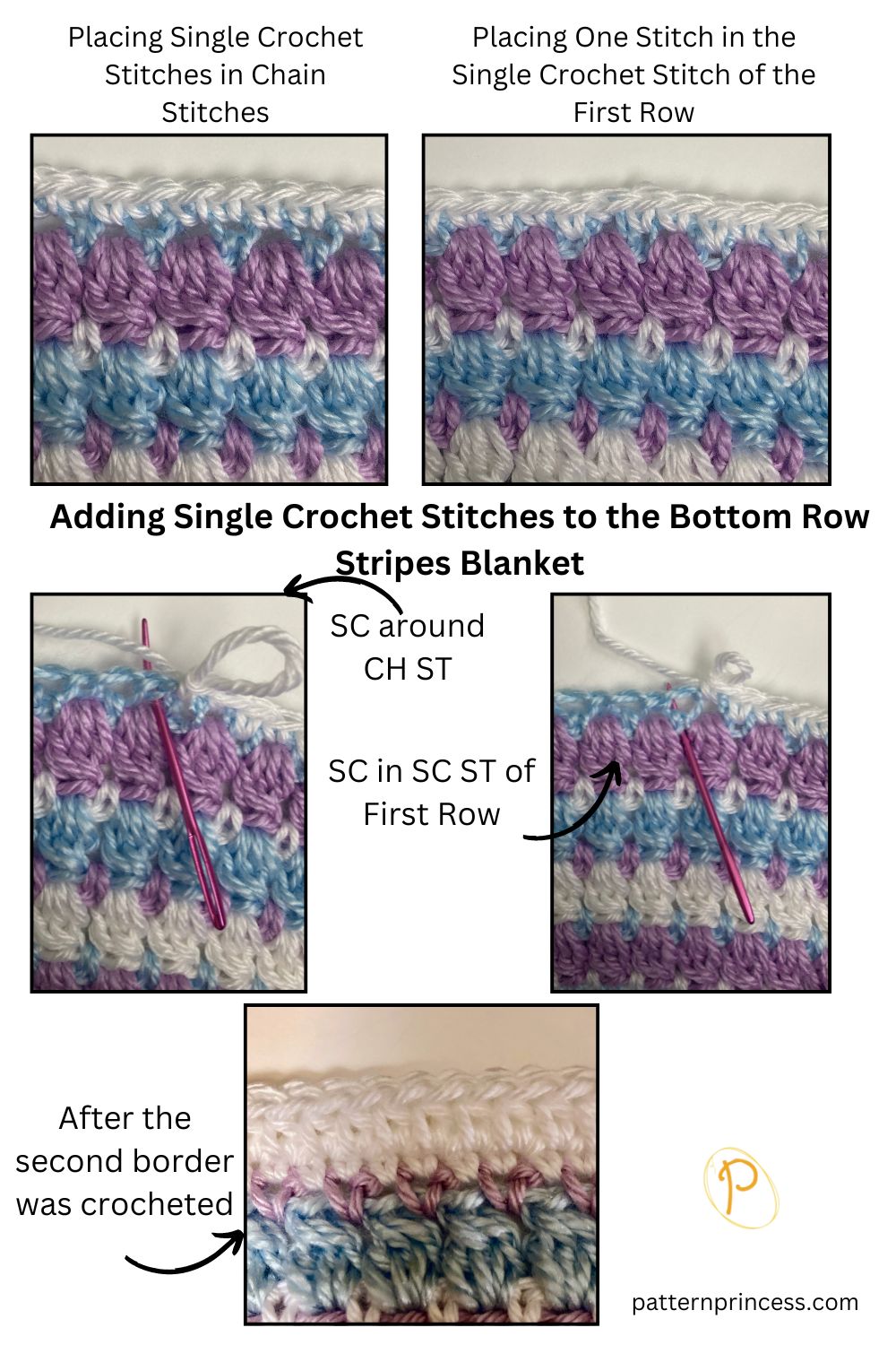 Adding Single Crochet Stitches to the Bottom Row Stripes Blanket