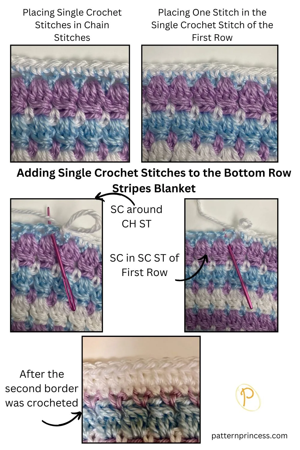 Adding Single Crochet Stitches to the Bottom Row Stripes Blanket