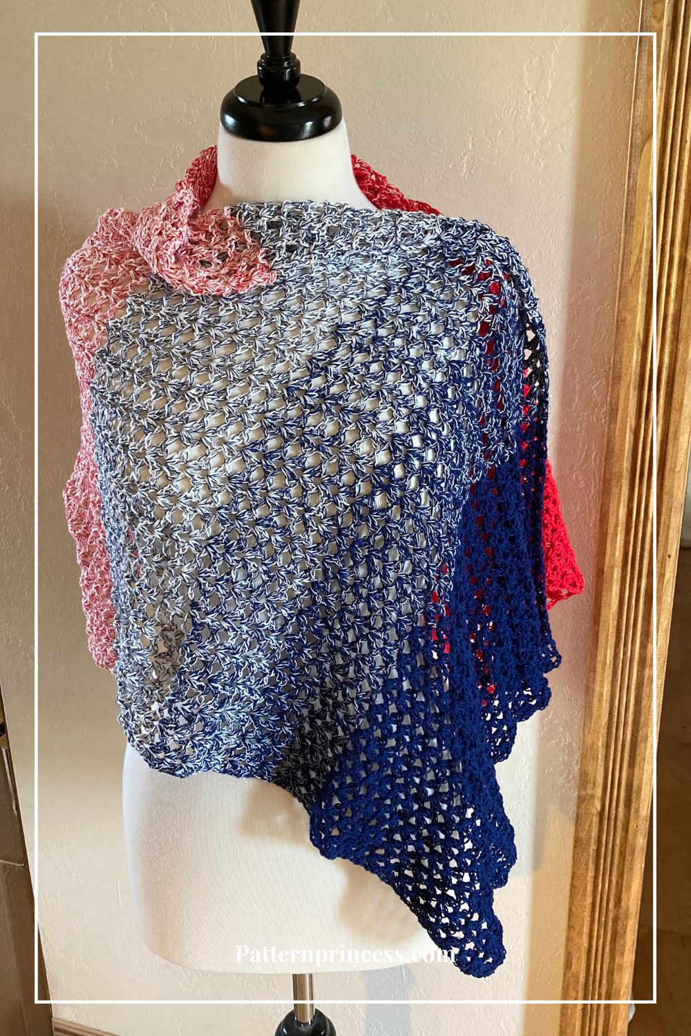 Cozy Crochet Wrap red white and blue Styled as a Poncho