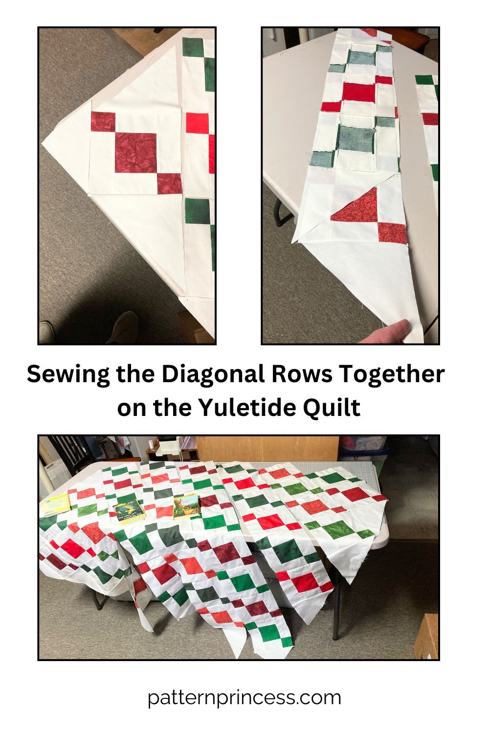 Sewing the Diagonal Rows Together on the Yuletide Quilt