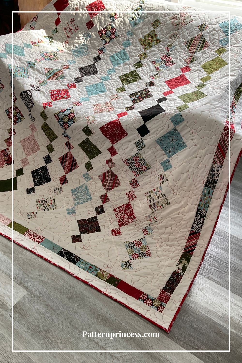 Chandelier Quilt in Christmas Colors on Sofa