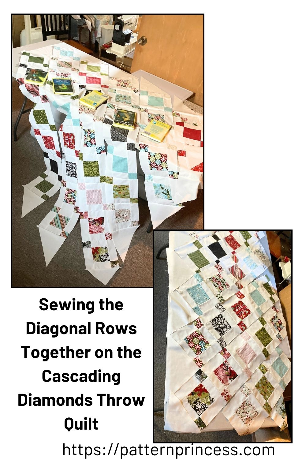 Sewing the Diagonal Rows Together on the Cascading Diamonds Throw Quilt